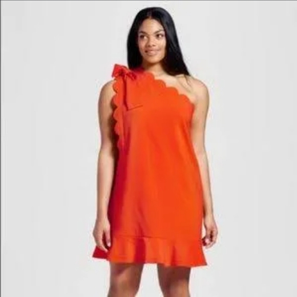 Victoria Beckham X Target, Scalloped One Shoulder Dress, Orange, Size Small - Picture 9 of 12